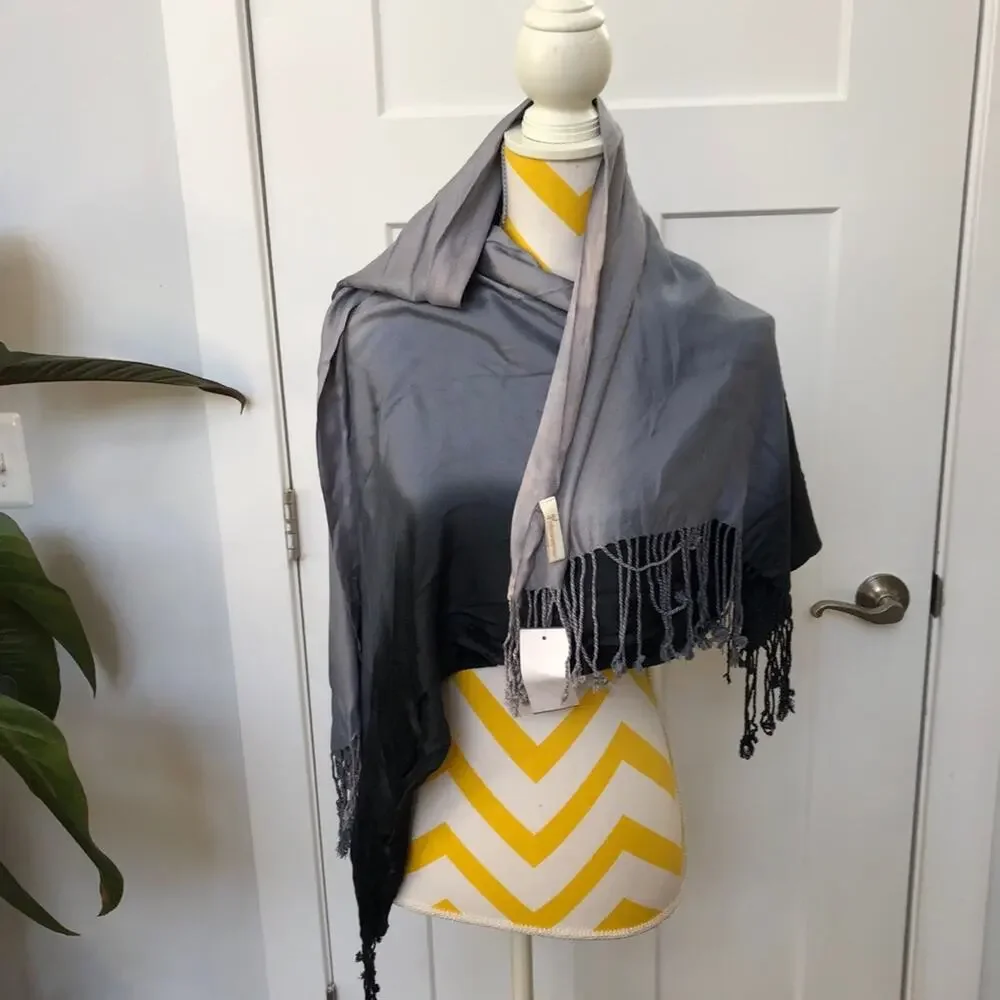 Gray Ombre Wrap Scarf w/ Fringe Shades of Grey to Black 100% Rayon Dry Clean